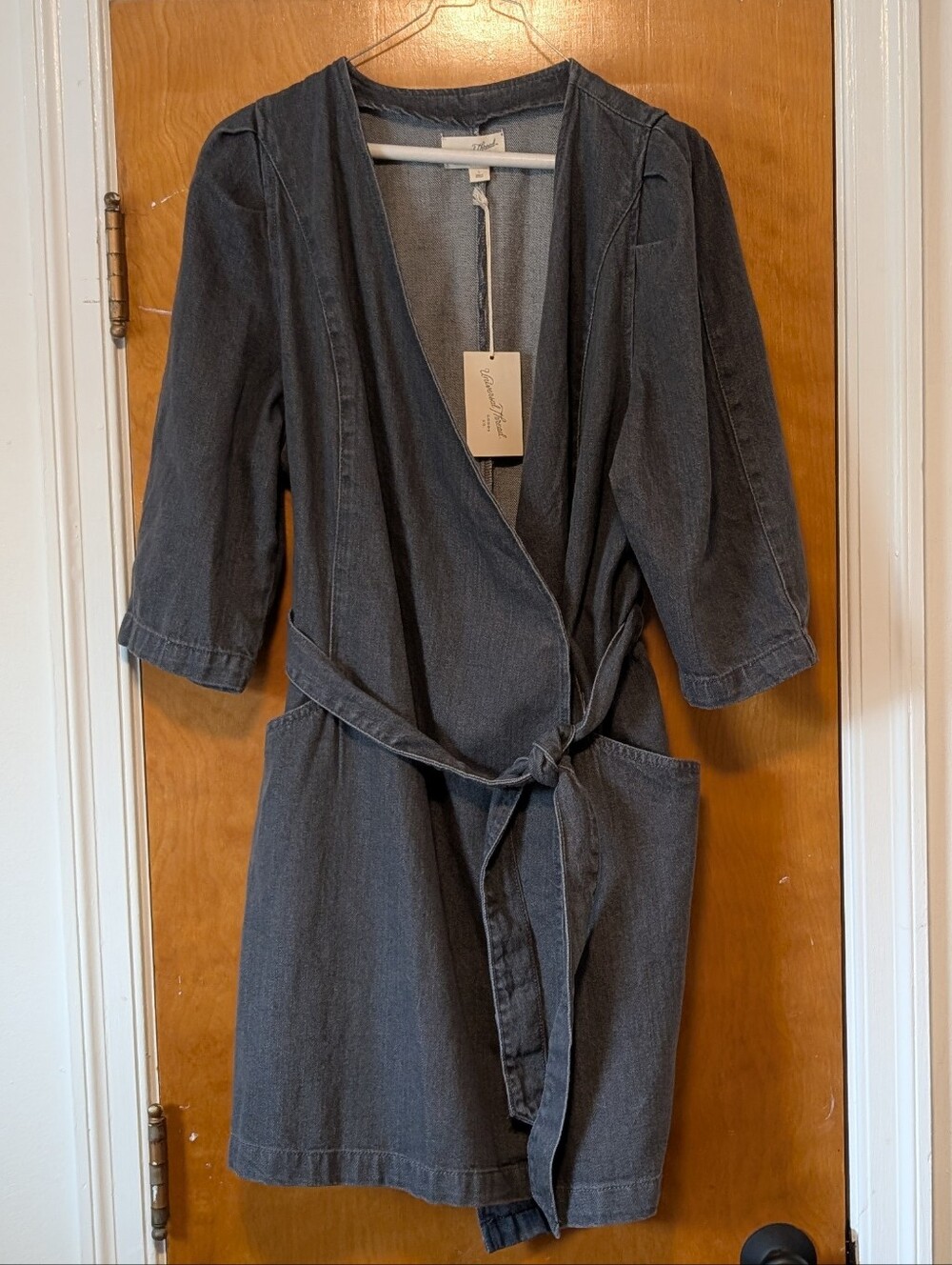 NWT Universal Thread Grey Denim Wrap Dress Size 8 - 3/4 Sleeve Tie Waist